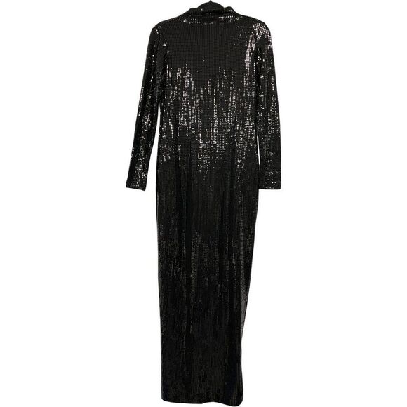 Zara Womens Long Dress Large Black Sequined Long Sleeve High Neck 4772/252 NWOT - Picture 2 of 16